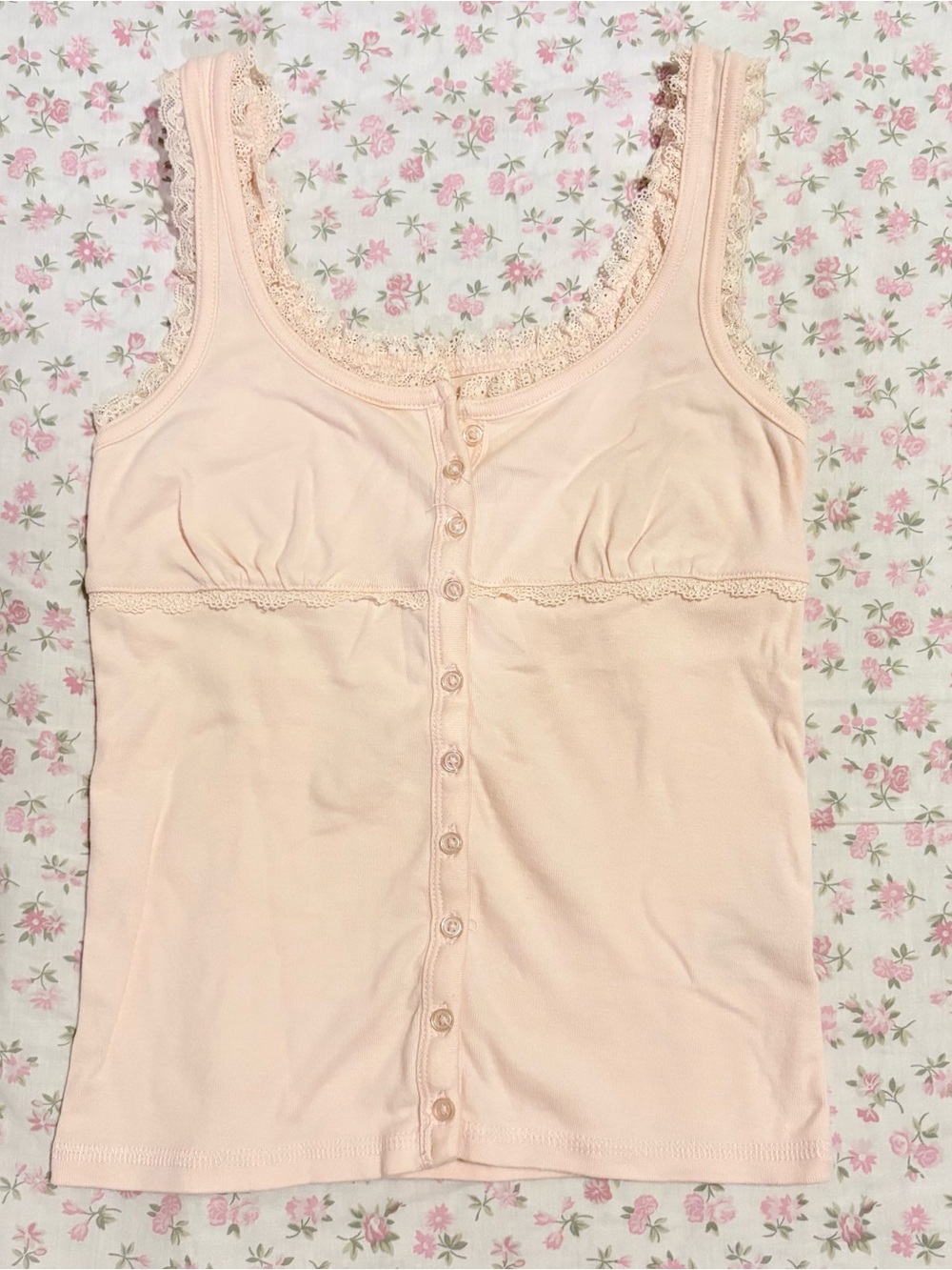 Aeropostale Lace-Trim Button Tank Top - Light Peach